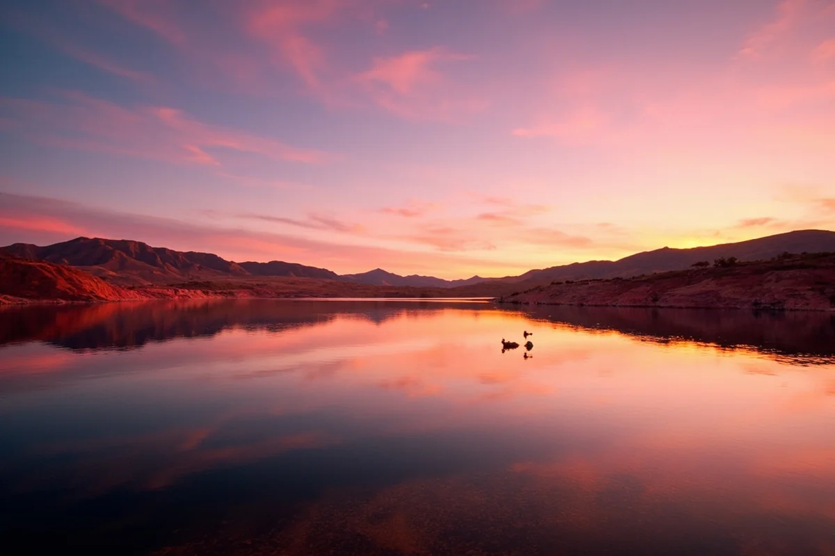 Sunset over Tongue River Reservoir near Decker, Montana with red shale cliffs silhouetted in the background