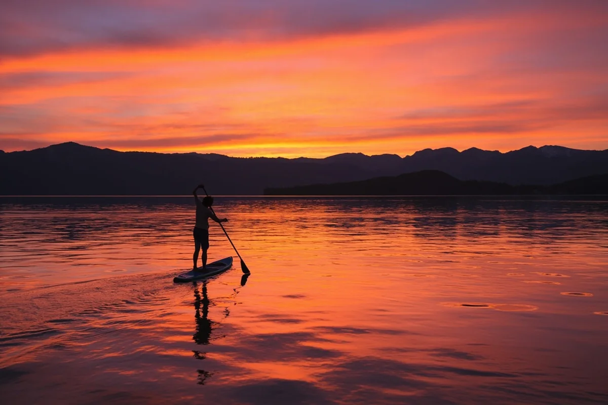 Sunset paddleboarding on Whitefish Lake with mountains silhouetted in the background