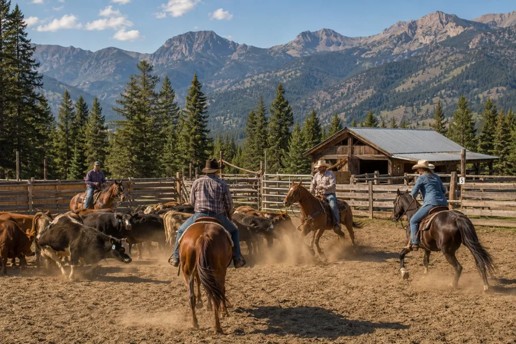 Bar W Guest Ranch Montana team penning activity showing guests working with wranglers to sort cattle in a corral