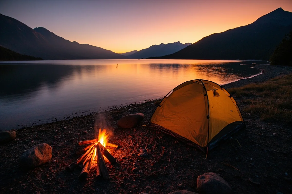 Tent camping at a Flathead Lake shoreline state park at sunset