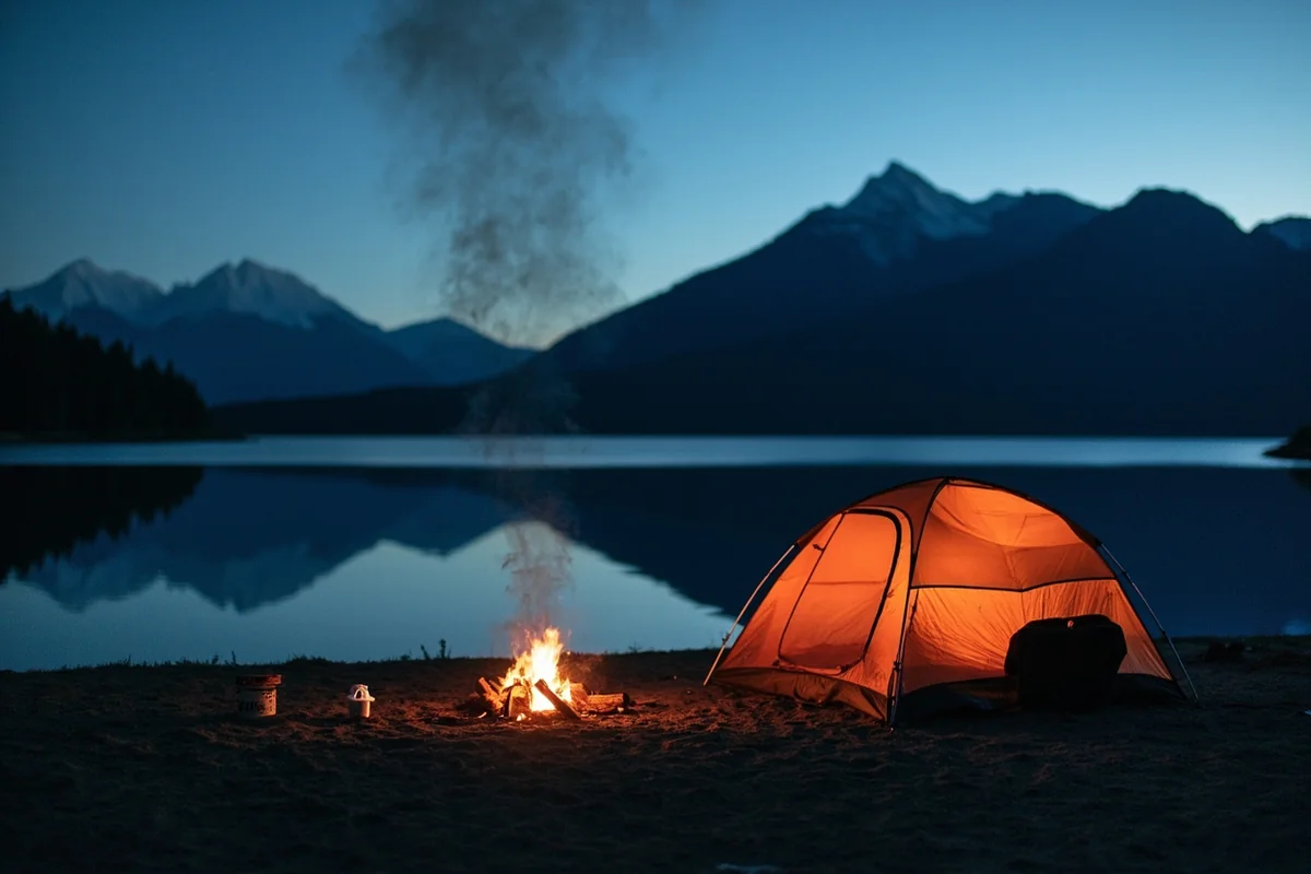 Tent campsite along the shore of Lake Koocanusa with mountains in the background