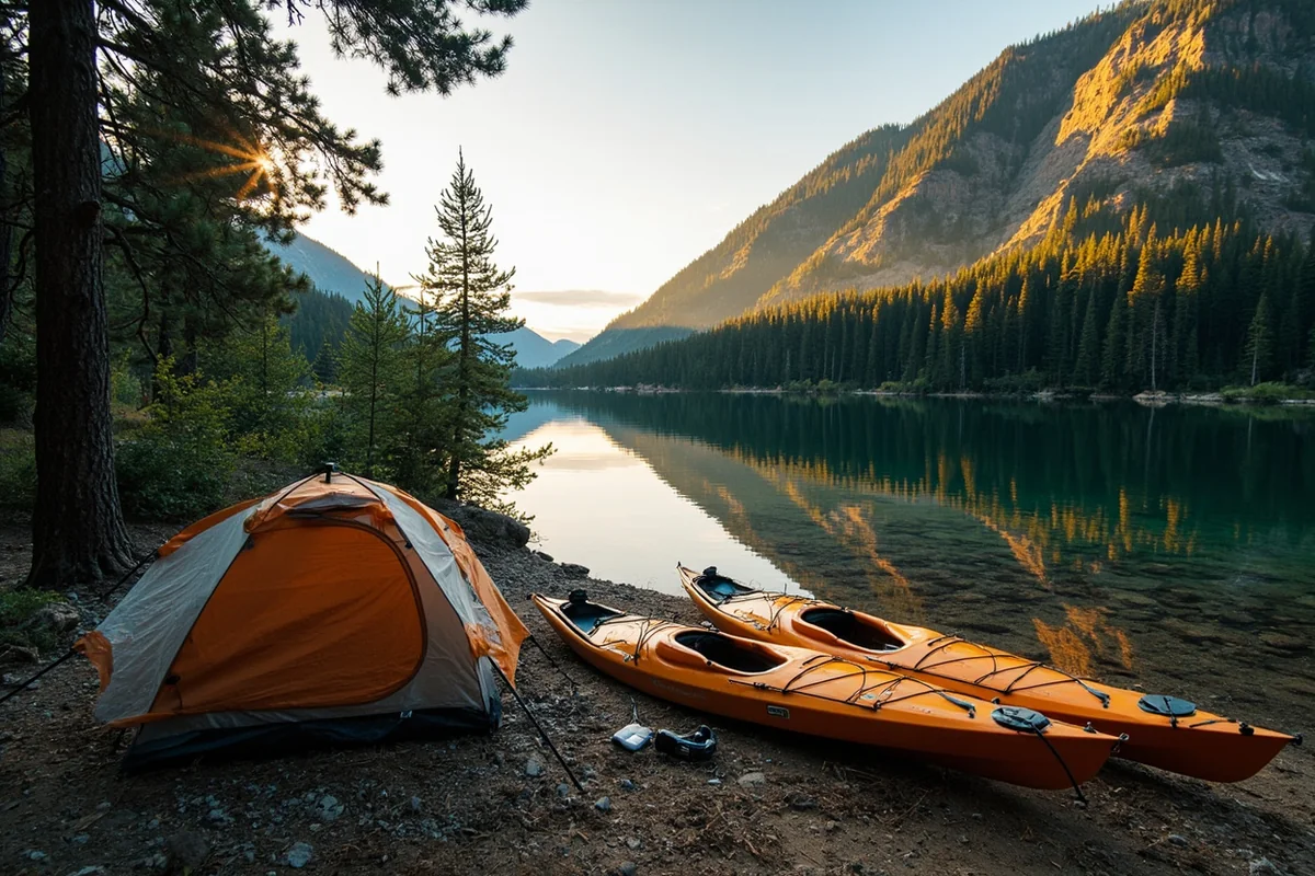 Tent campsite at McGregor Lake with kayaks pulled up on shore