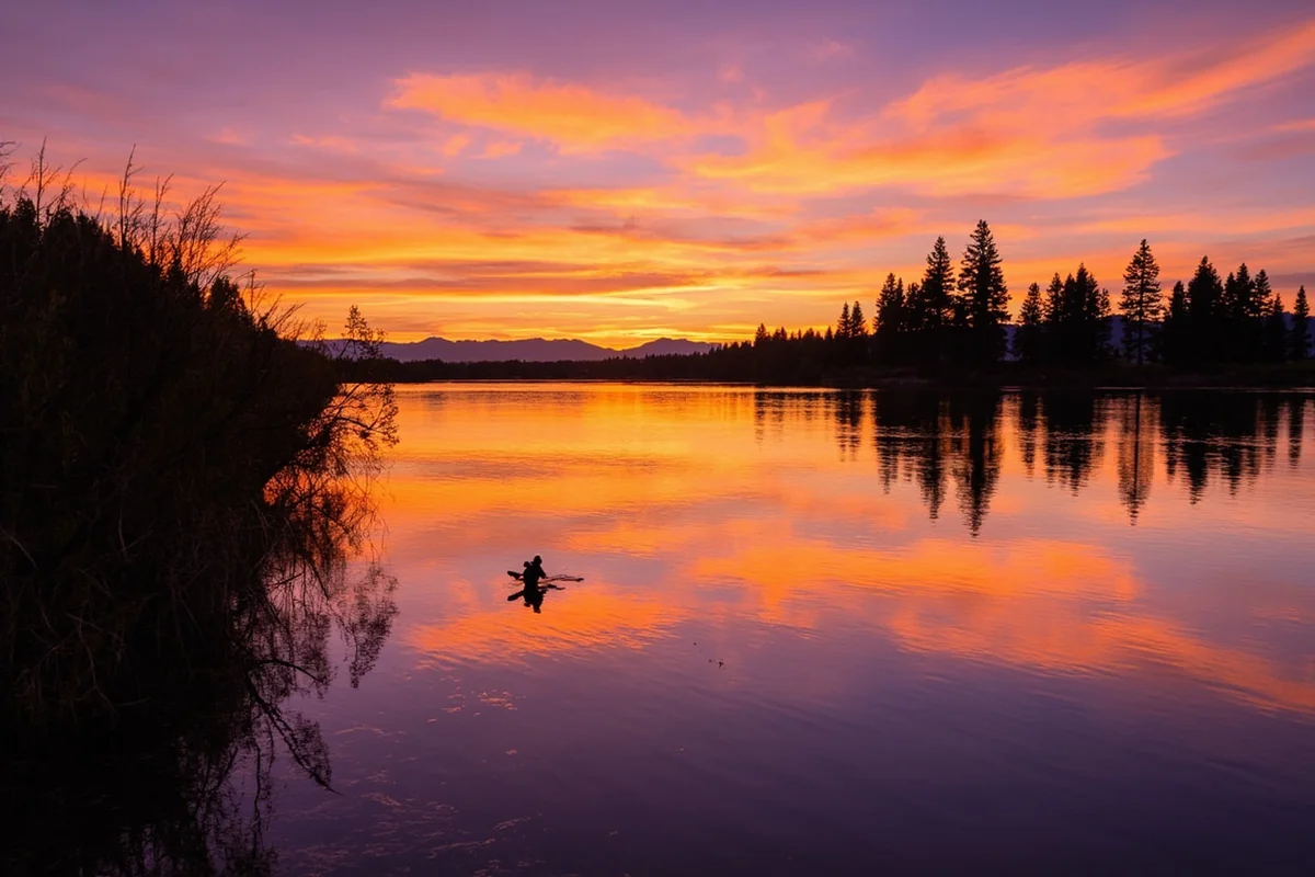 The Big Hole River at sunset with the Pioneer Mountains reflected in the still water, southwest Montana