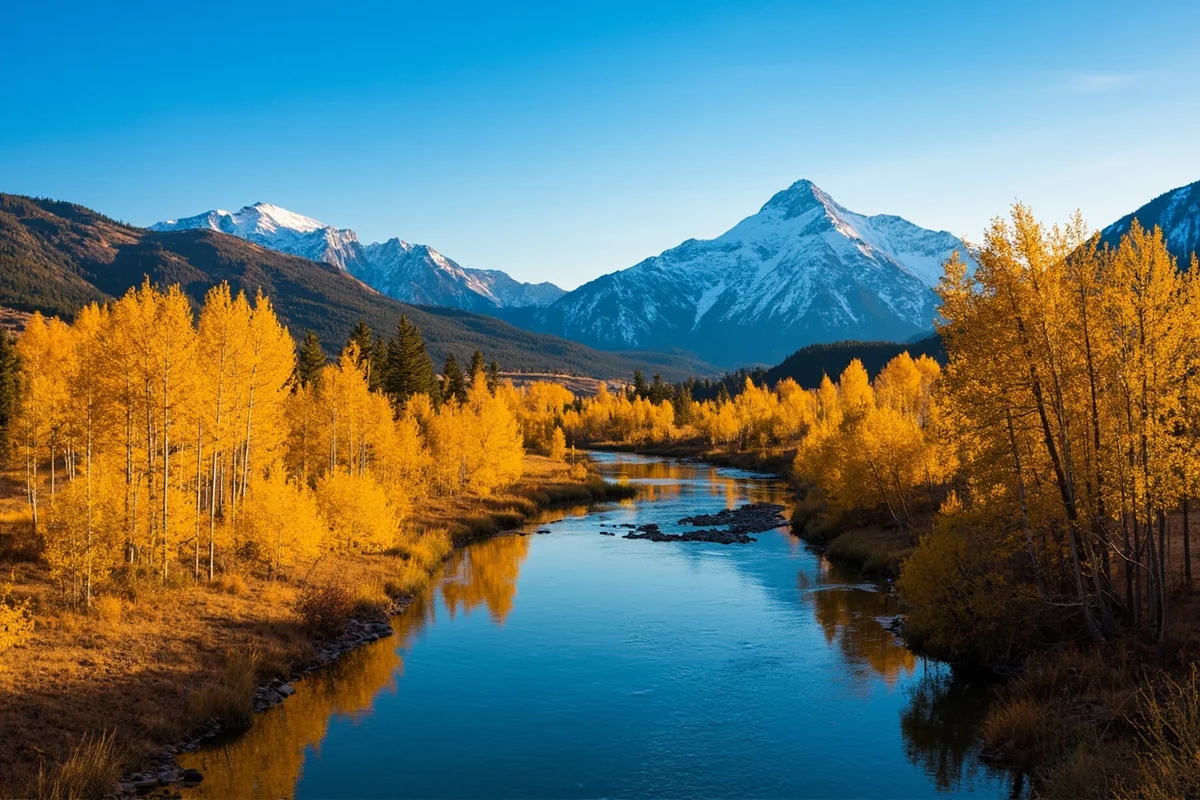 The Bitterroot River winding through cottonwood trees in fall color with snow-capped Bitterroot Mountains behind