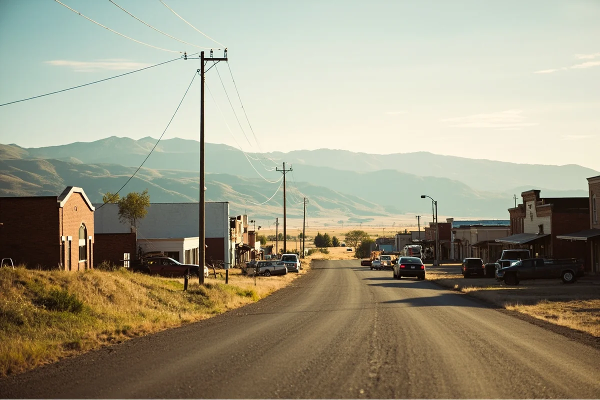 The small town of Wisdom, Montana on the Big Hole River with mountains in the background