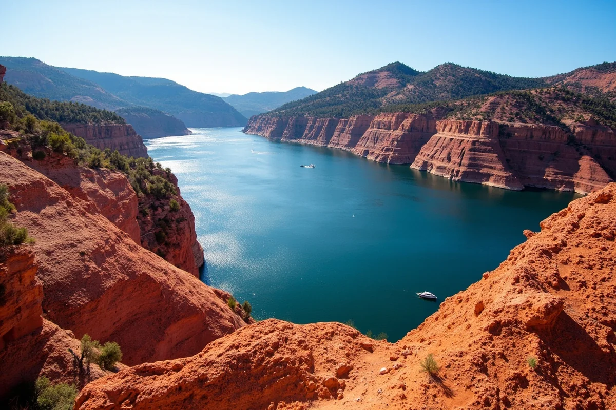 Tongue River Reservoir surrounded by red shale cliffs and juniper hills in southeastern Montana