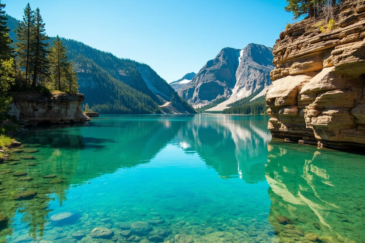 Turquoise water of Lake Koocanusa with sandstone cliffs and forested mountains