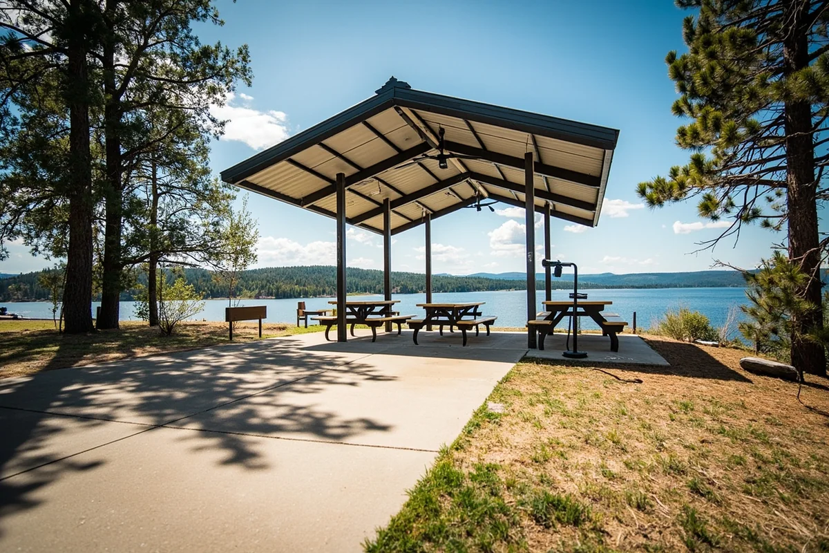 Volunteer-maintained campground pavilion above the main beach at Fresno Reservoir
