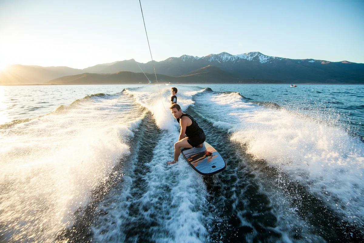Wake surfer being towed behind a boat on Hauser Lake near Helena