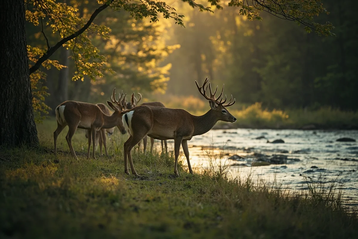 White-tailed deer grazing near the Swan River in a forested Montana valley