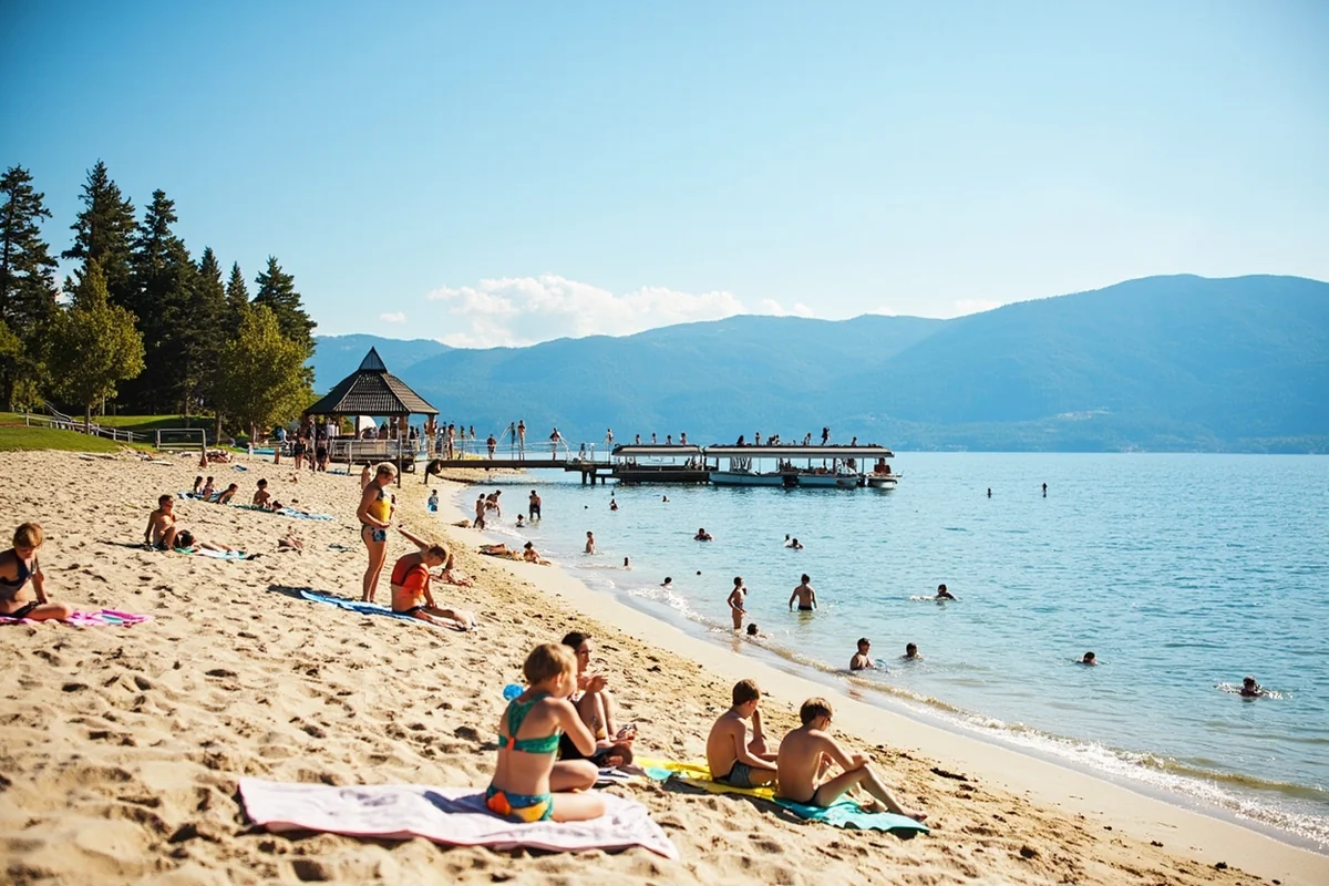 Whitefish City Beach with swimmers and a boat launch on Whitefish Lake