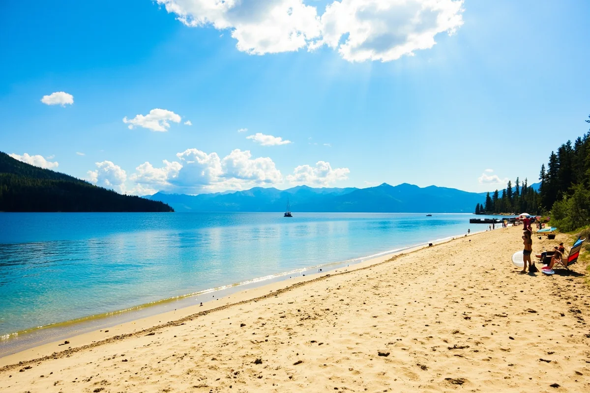 Whitefish Lake Montana with sandy beach and mountains in the background