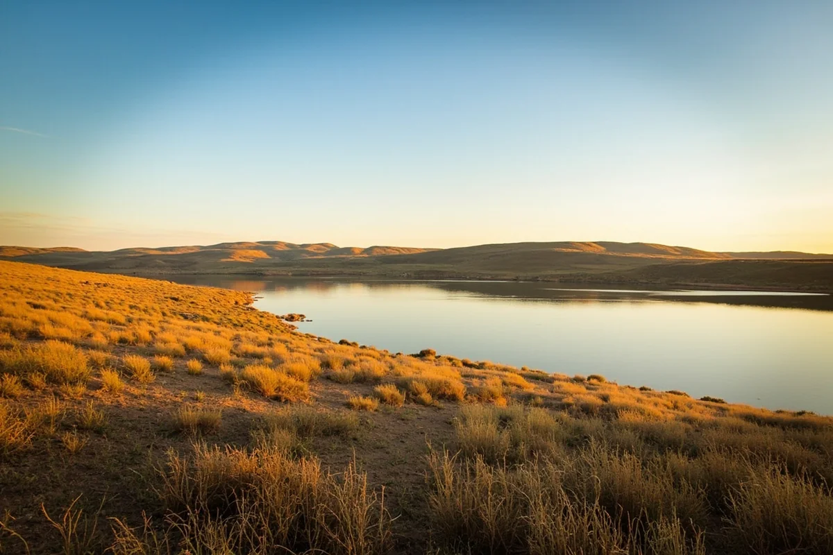 Wide view of Fort Peck Lake shoreline near the dam in northeastern Montana