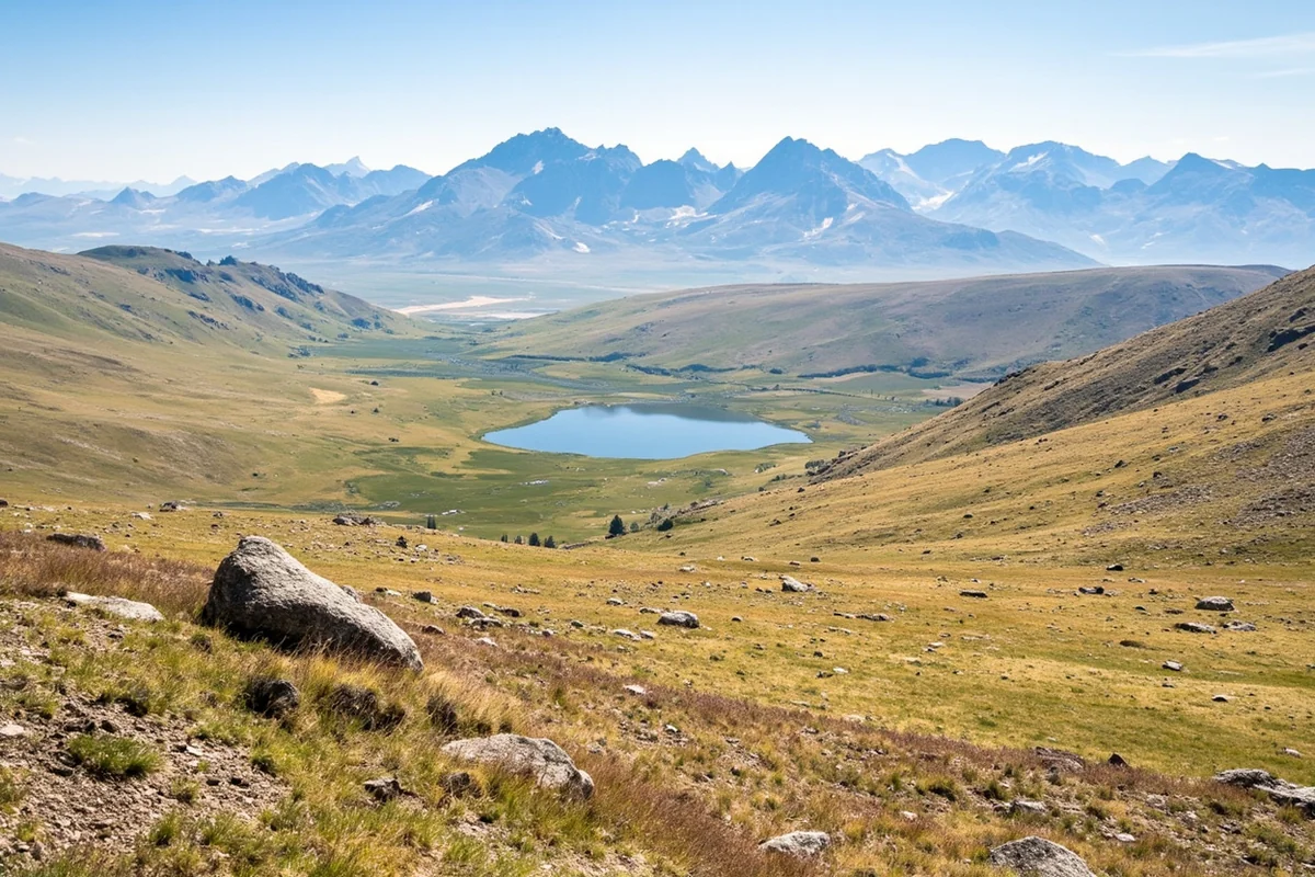 Wide view of the Beartooth Plateau tundra with Moon Lake visible in the distance