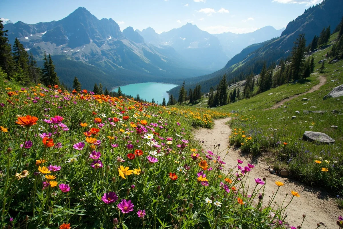 Wildflowers blooming along the Grinnell Lake Trail with mountains in the background