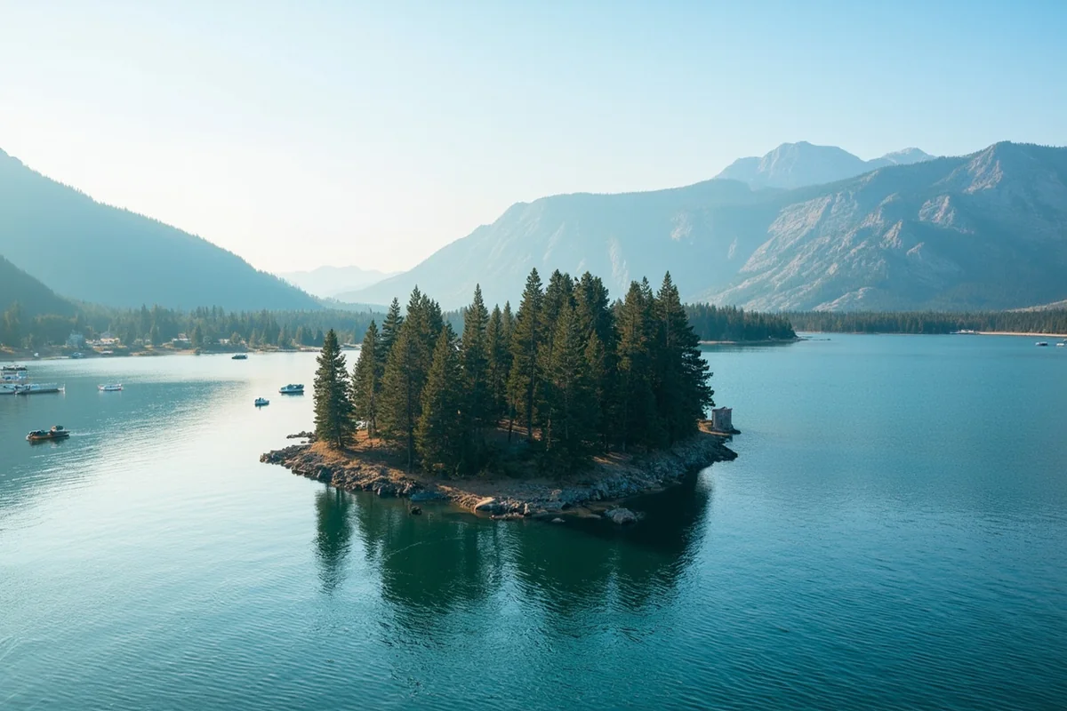 Wooded island in the middle of Horseshoe Lake Montana with boats nearby