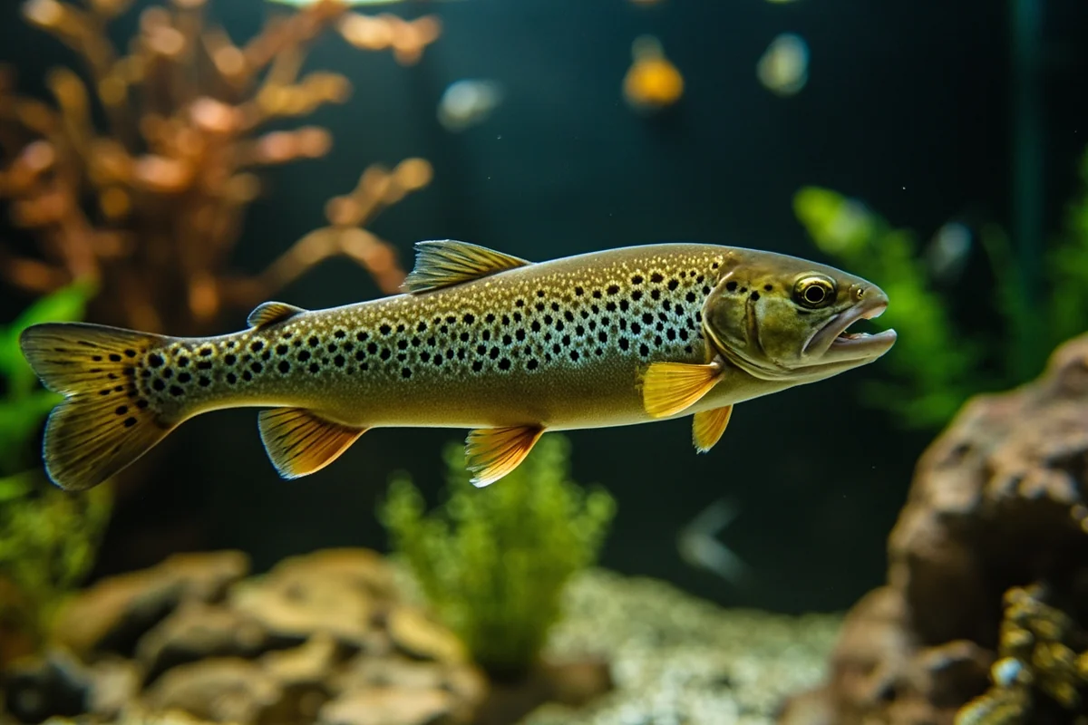Yellowstone cutthroat trout swimming in an aquarium tank at Fly Fishing Discovery Center in Livingston