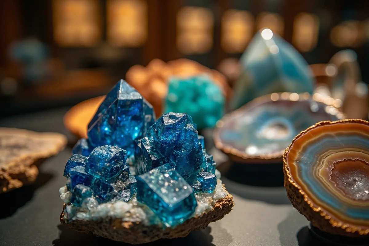 Yogo sapphires and Montana moss agate specimens displayed at MBMG Mineral Museum in Butte